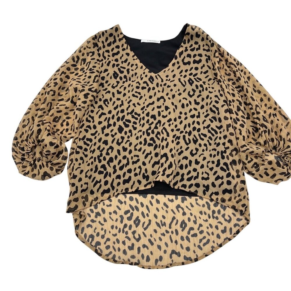 Caramela Leopard Print V-Neck Sheer‎ High-Low Blouse Women's size Medium